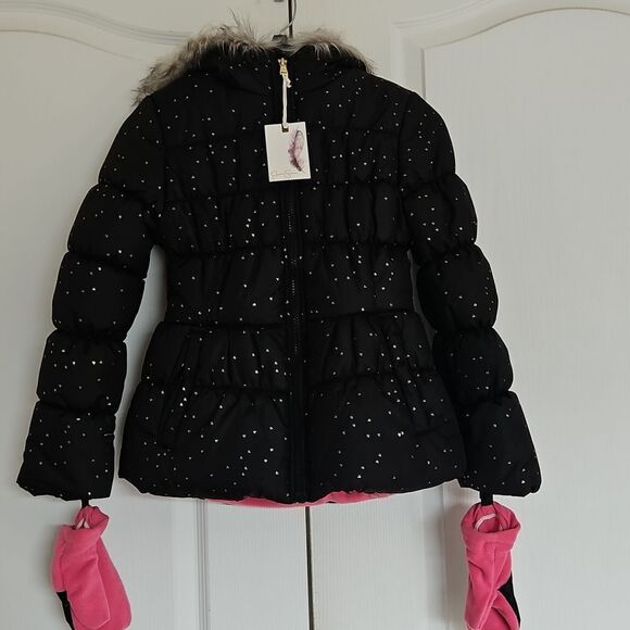 Jessica Simpson Girls Puffy Winter Coat With Faux Fur Hood & Mittens 10/12 Black - Picture 2 of 16